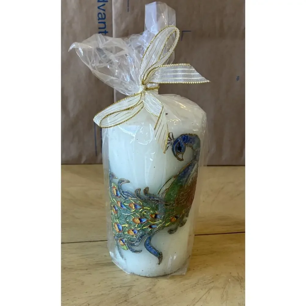 New PIER 1 Unscented PEACOCK PILLAR CANDLE 6